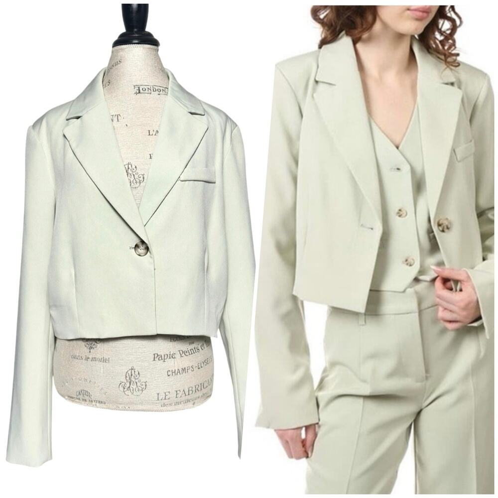 Avec Les Filles | Women | Sage Mint Green Cropped Single Breasted Blazer | Large